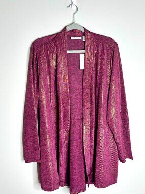 Susan Graver Purple Metallic Liquid Knit Open Front Duster Cardigan Sz 1X NWT